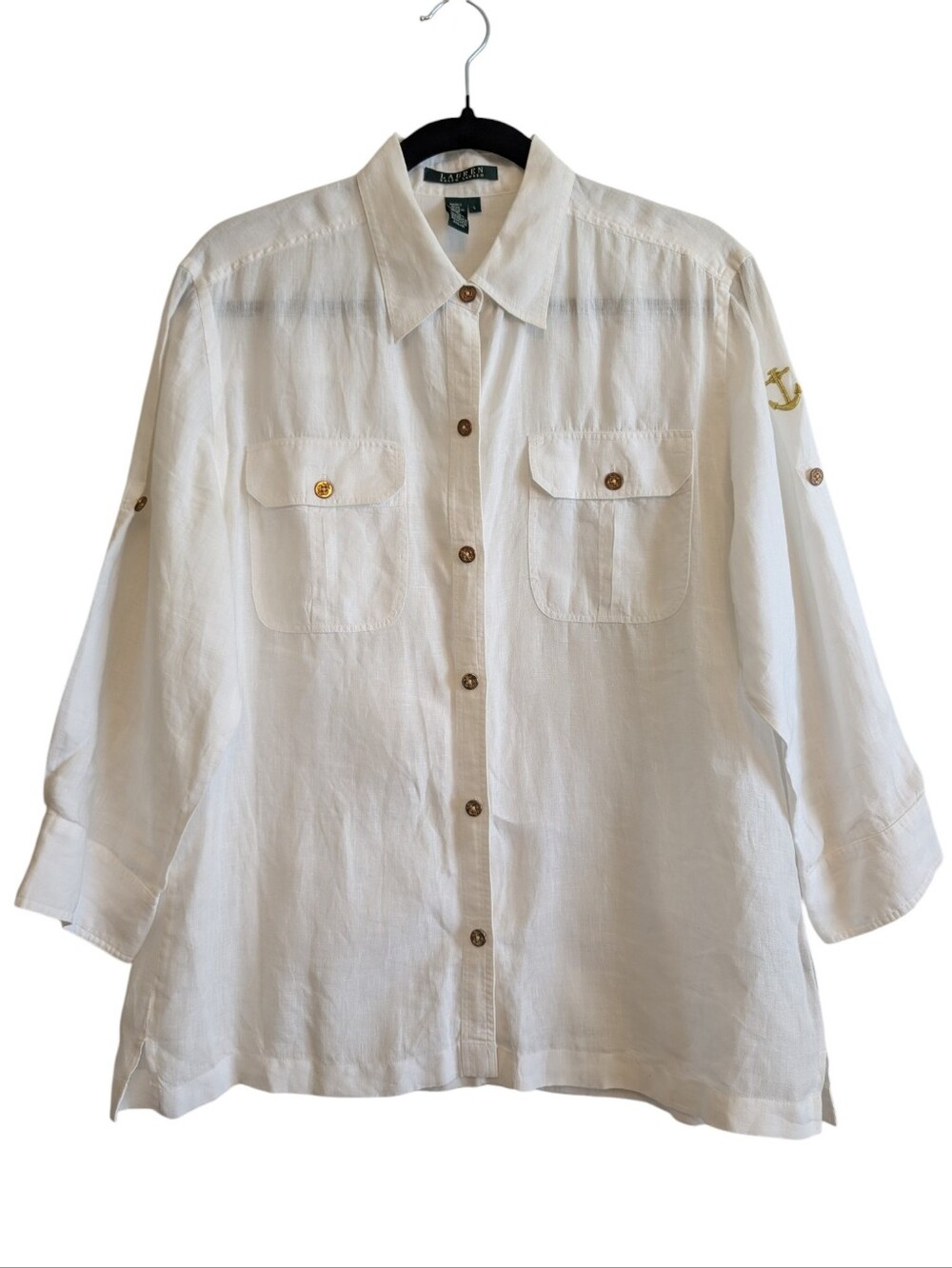 Lauren Ralph Lauren White Linen Button Down Blouse 3/4 Sleeve Gold Anchor Sz L